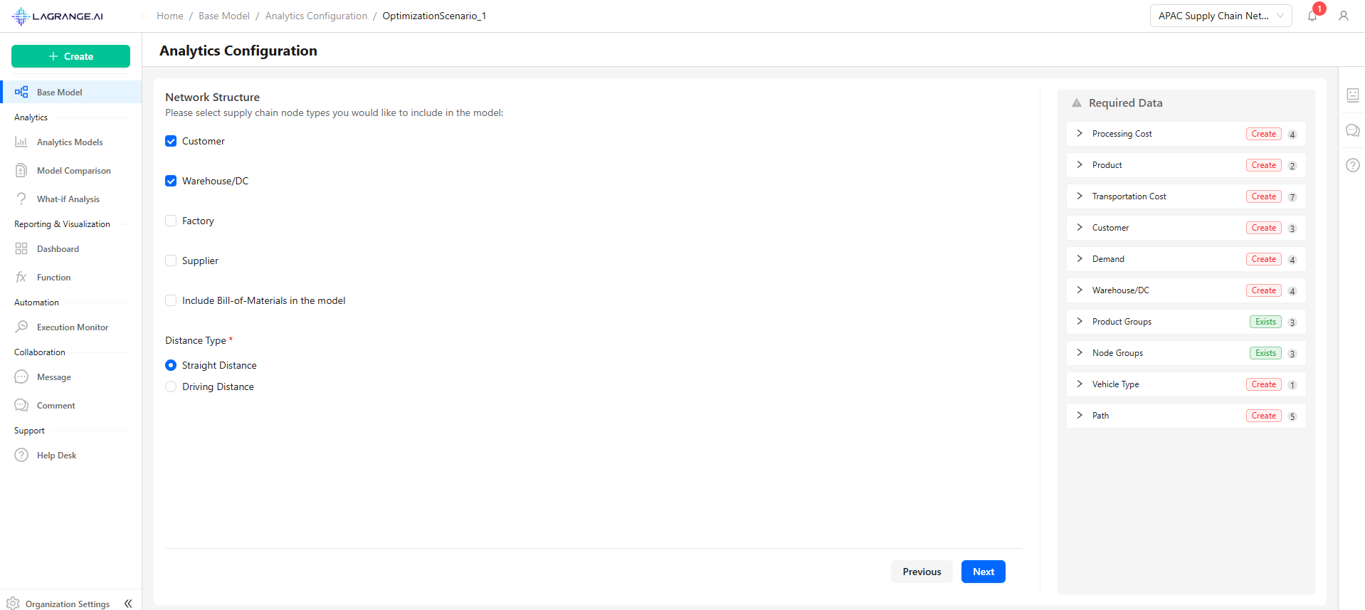 Distance type selection